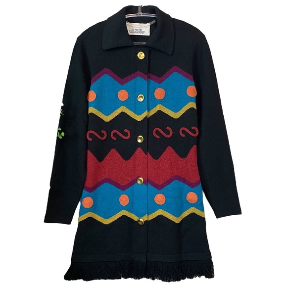 Steve Fabrikant Knit Wool Fringe Southwest Aztec Sweater Dress Black Size Small